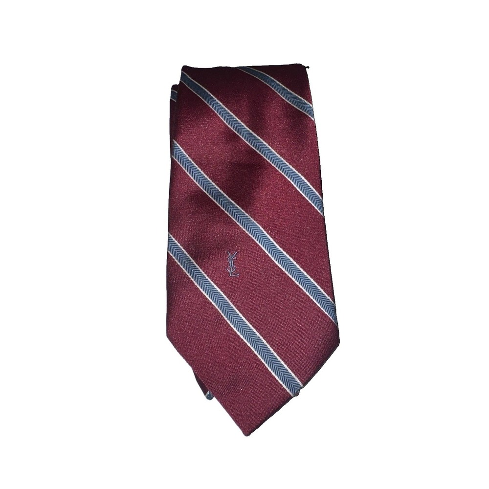 Yves Saint Laurent Mens Burgundy Striped Silk Necktie YSL Logos Vtg 56x3in